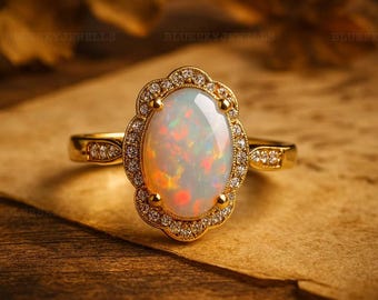 Oval Fire Opal Ring: Solid Gold, Halo Moissanite, Sterling Silver