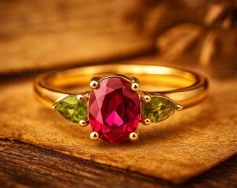 Vertical Oval Ruby Ring • Pear Peridot Accent, Engraved Band