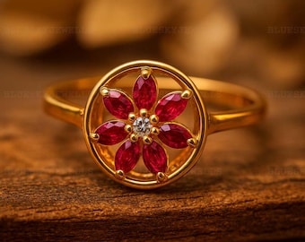 Ruby Flower Ring • Marquise & Moissanite, Gold Floral Ring