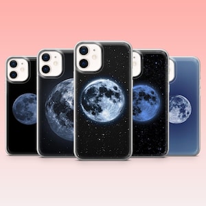May include: A collection of five phone cases featuring a celestial theme. Each case displays a different phase of the moon against a starry background. The cases are black, dark blue, and clear, with a glossy finish.
