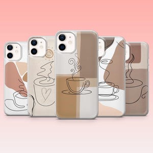 May include: Five phone cases with coffee-themed abstract designs. Each case has a unique design, including line art of coffee cups, steam, and abstract shapes in beige, brown, and white. The cases are displayed against a soft pink background.