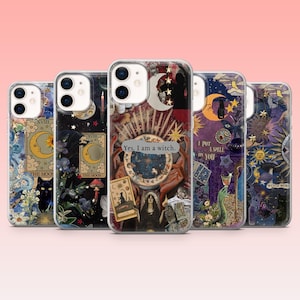 May include: A collection of five phone cases with mystical and celestial designs. Each case features a unique collage of moons, stars, tarot cards, and the text "Yes, I am a witch." The color palette includes blues, purples, and gold accents.