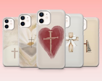 May include: A collection of five phone cases with various designs. The cases feature images of crosses, a heart with a cross, and a cross with a bow. The color palette includes beige, red, and white, with a soft, watercolor style.