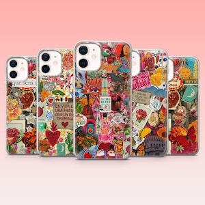 Puede incluir: Un conjunto de cinco fundas para teléfono con diseños vibrantes y coloridos. Cada funda presenta un collage de imágenes, incluyendo flores, corazones y texto en español. Las fundas tienen un fondo transparente y un acabado brillante.