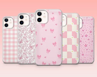 Pastel Pink Phone Case Dainty Ribbons for iPhone 17Pro, 16, 15, 14, 13, 12, Samsung S25, S24, S23Fe, S22, A16, A26, A56, Pixel 10, 9Pro