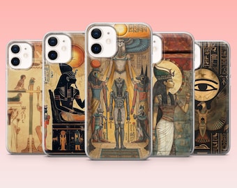 May include: A collection of five phone cases featuring ancient Egyptian art. The cases display images of pharaohs, gods, and hieroglyphs in a palette of beige, brown, and gold. Each case has a clear border.