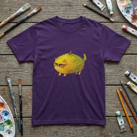 Durian Boss Cat T-Shirt | Tropical Fruit Cat Illustration, Quirky Animal Tee