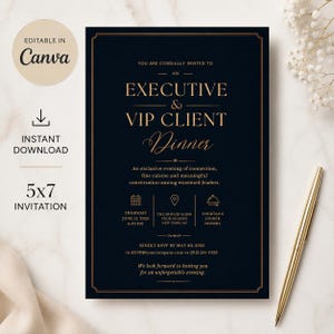 May include: A 5x7 inch invitation card with a dark navy blue background and gold text. The text reads: You are cordially invited to an Executive & VIP Client Dinner. It includes event details, a date of 12 June 2023, and RSVP information.