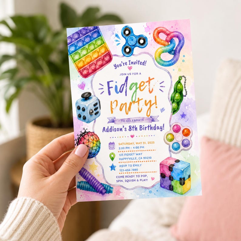 May include: A rectangular birthday invitation card featuring watercolor illustrations of various fidget toys including a pop-it, spinner, and cube. The text reads: You're Invited! Join us for a Fidget Party! to celebrate Addison's 8th Birthday!