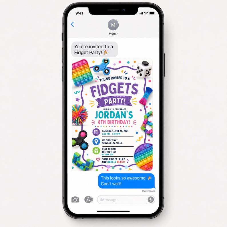 May include: A smartphone screen displaying a digital invitation for a Fidget Party. The colorful graphic features text reading You're invited to a Fidgets Party, Jordan's 8th Birthday, and event details, surrounded by illustrations of various fidget toys.