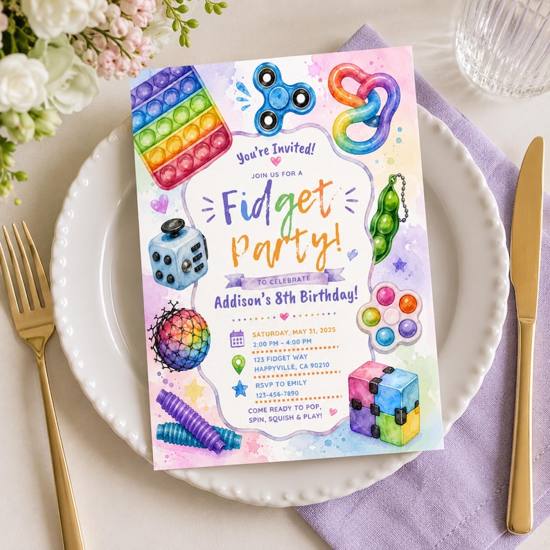 May include: A rectangular birthday invitation card featuring watercolor illustrations of various fidget toys including a rainbow pop-it, blue spinner, and green pea popper. The text reads: You're Invited! Fidget Party! to celebrate Addison's 8th Birthday!