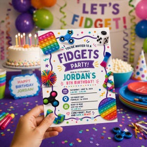 May include: A rectangular party invitation for Jordan's 8th birthday featuring colorful illustrations of various fidget toys, including pop-its, spinners, and a cube. The text reads: You're invited to a Fidgets Party, Jordan's 8th Birthday.