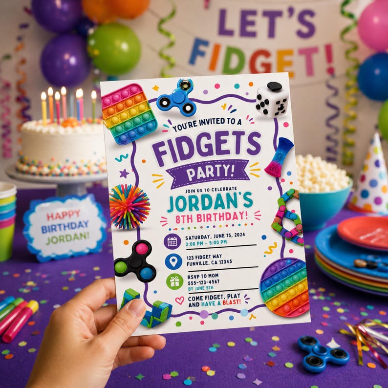 May include: A rectangular party invitation for Jordan's 8th birthday featuring colorful illustrations of various fidget toys, including pop-its, spinners, and a cube. The text reads: You're invited to a Fidgets Party, Jordan's 8th Birthday.