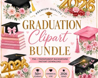 Paquete de imágenes prediseñadas florales para graduación, gráficos de la promoción de 2026, gorro rosa PNG (descarga digital)