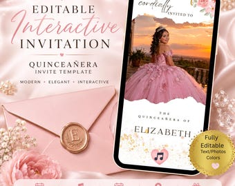 Invitación editable de quinceañera con diseño floral rosa / Invitación interactiva para los 15 años (descarga digital)