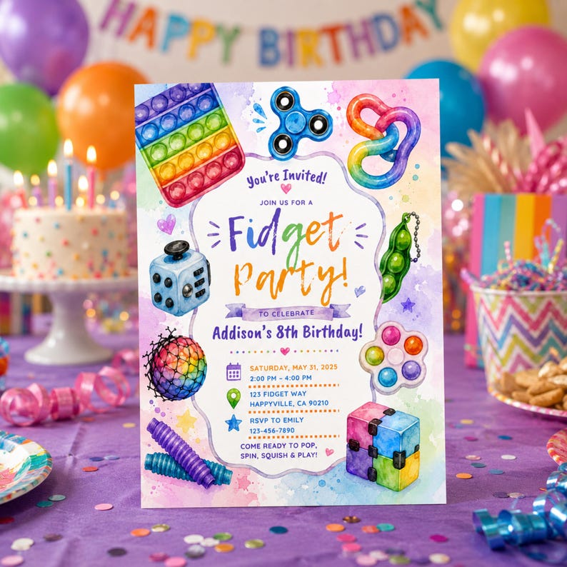 May include: A rectangular birthday invitation card featuring watercolor illustrations of various fidget toys including a pop-it, spinner, and cube. The text reads: You're Invited! Join us for a Fidget Party! to celebrate Addison's 8th Birthday!