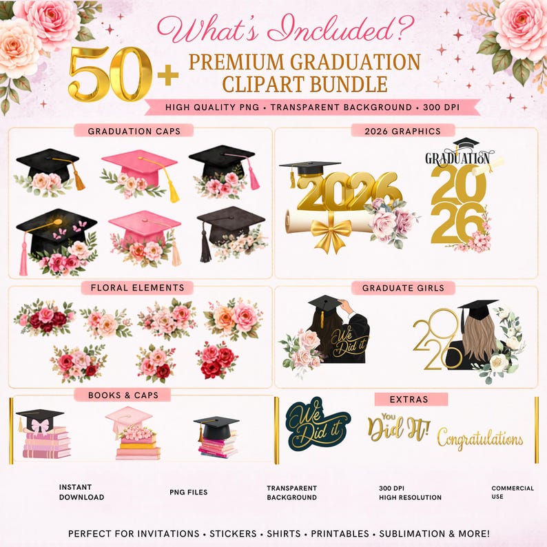 Floral Graduation Clipart Bundle, Class of 2026 Graphics, Pink Cap PNG ...