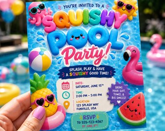 Squishy Pool Party Invitation Template, Kids Pool Birthday Invite, Summer Splash Party Invitation, Editable Canva Template,  Cute digital