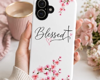 Funda para teléfono con cruz y flores de cerezo con la inscripción "Blessed Script" / Funda resistente