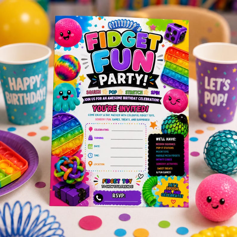 May include: A rectangular Fidget Fun Party invitation card featuring colorful graphics of sensory toys like pop-its, squish balls, and infinity cubes. The text reads Fidget Fun Party, You're Invited, and includes blank lines for event details.
