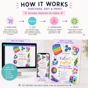 May include: An editable digital invitation template for a Fidget Party birthday celebration. The design features colorful illustrations of various fidget toys, including pop-its, spinners, and cubes, with customizable text fields for event details.