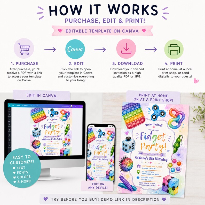 May include: An editable digital invitation template for a Fidget Party birthday celebration. The design features colorful illustrations of various fidget toys, including pop-its, spinners, and cubes, with customizable text fields for event details.