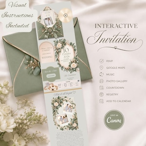 May include: An interactive digital wedding invitation template in sage green with floral accents, featuring a countdown timer, photo gallery, and RSVP links. The design includes text fields for names, date, and location, editable in Canva.