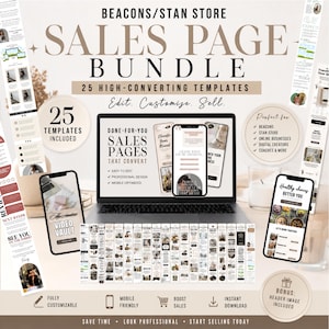 May include: A digital sales page bundle featuring 25 high-converting templates for Beacons and Stan Store. The image displays a laptop screen, two smartphones, and vertical layout previews showing text, images, and buttons for online businesses.