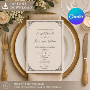 May include: A rectangular wedding invitation card with a cream-colored background and black text. The card features an ornate black border with decorative corner flourishes. The text includes the names Margaret Elizabeth and Thomas James Whitman.