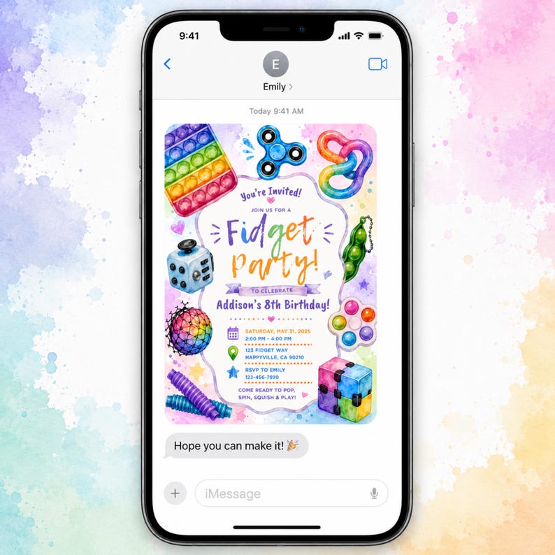 May include: A smartphone displaying a digital invitation for a Fidget Party celebrating Addison's 8th birthday. The colorful design features watercolor illustrations of various fidget toys, including pop-its, spinners, and cubes, with event details.