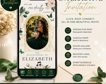 Quinceañera Invitation Template, Emerald Green Gold Butterfly Invite, Sweet 15 Digital Invitation, Editable Floral Quinceañera Invitation
