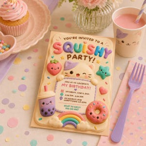 Peut inclure: Une carte d'invitation rectangulaire avec un fond crème et des graphismes en relief 3D colorés représentant un chat, une fraise, un thé boba, un donut et un arc-en-ciel. Le texte indique : YOU'RE INVITED TO A SQUISHY PARTY! JOIN US TO CELEBRATE MY BIRTHDAY! SATURDAY, JUNE 15, 2024, 2:00 PM - 5:00 PM, 123 SQUISHY LANE, HAPPYTOWN, CA 12345, RSVP TO KELLY 555-123-4567.