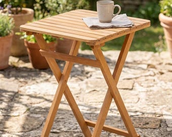 Small Folding Wooden Table 20x20" - Outdoor Balcony Bistro Table - Rustic Solid Hardwood Side Table - Portable Patio Furniture No Assembly