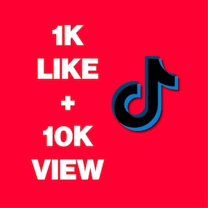 Puede incluir: Fondo rojo con texto blanco: "1K LIKE + 10K VIEW". El logotipo de TikTok negro y azul está en la esquina superior derecha. Gráfico de redes sociales.