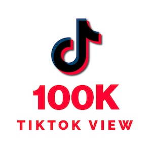 Peut inclure: Sur fond blanc, le logo TikTok en noir, bleu et rouge. En dessous, le nombre "100K" en rouge et le texte "TIKTOK VIEW" également en rouge.