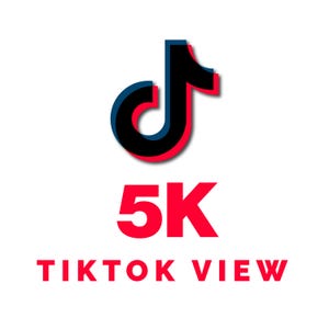 Może przedstawiać: Na białym tle logo TikTok w kolorach czarnym, niebieskim i czerwonym. Poniżej liczba "5K" w kolorze czerwonym, a pod nią tekst "TIKTOK VIEW" również w kolorze czerwonym.