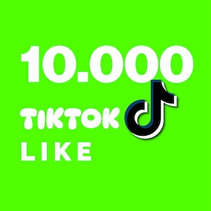 Peut inclure: Fond vert vif avec le texte "10.000 TIKTOK LIKE" en blanc et un logo TikTok noir et bleu. L'image est un visuel promotionnel.