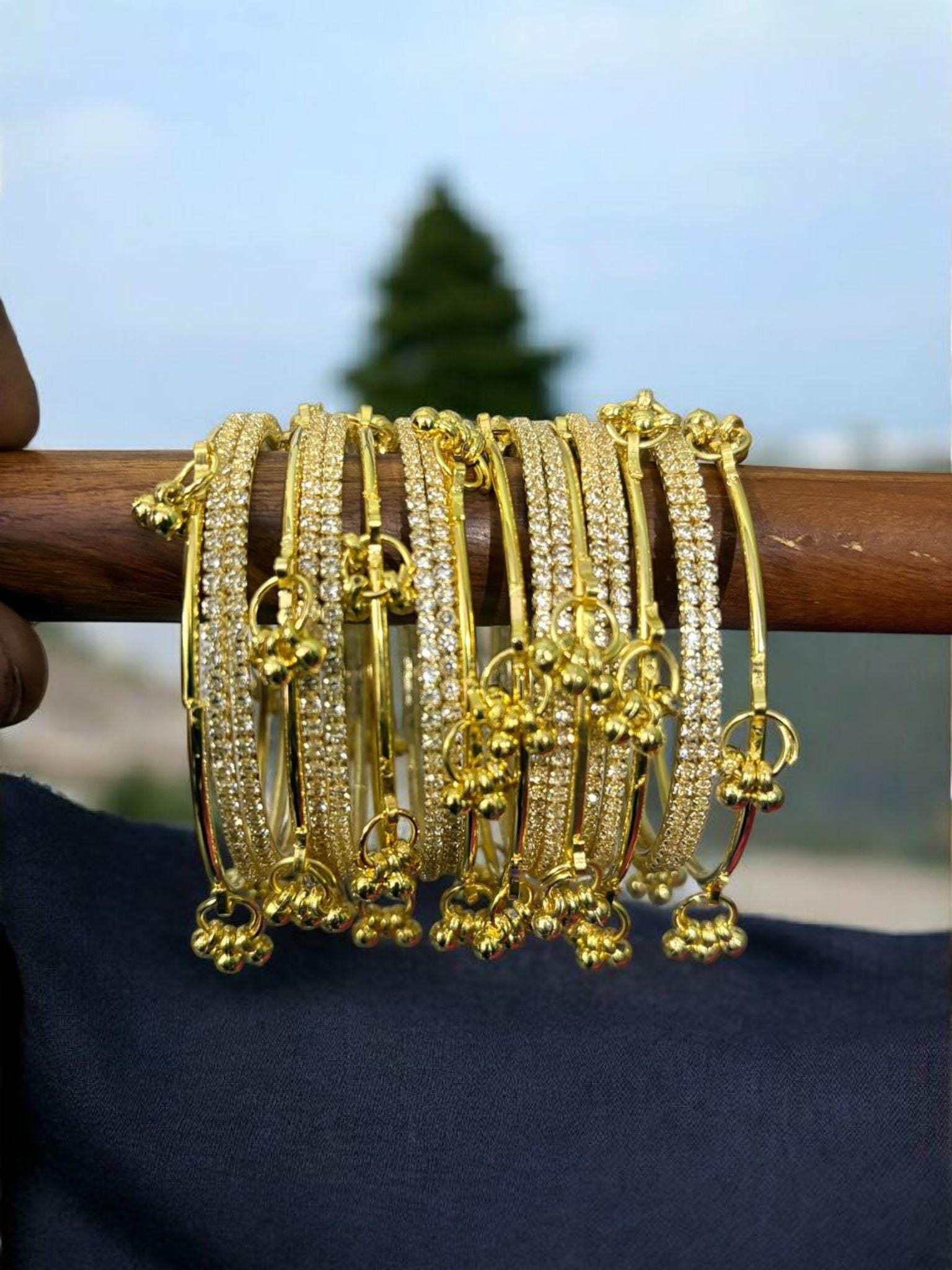 Kashmiri Gold Ghungroo Bangles Set | Rhinestone Crystal Bridal