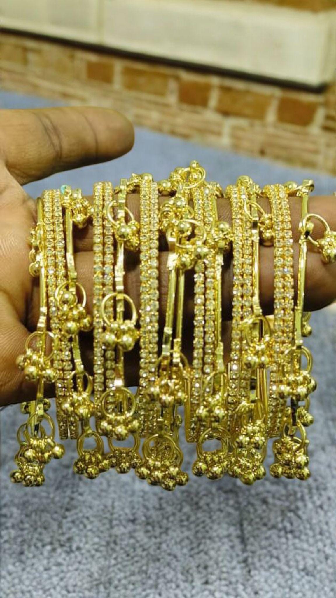 Kashmiri Gold Ghungroo Bangles Set | Rhinestone Crystal Bridal