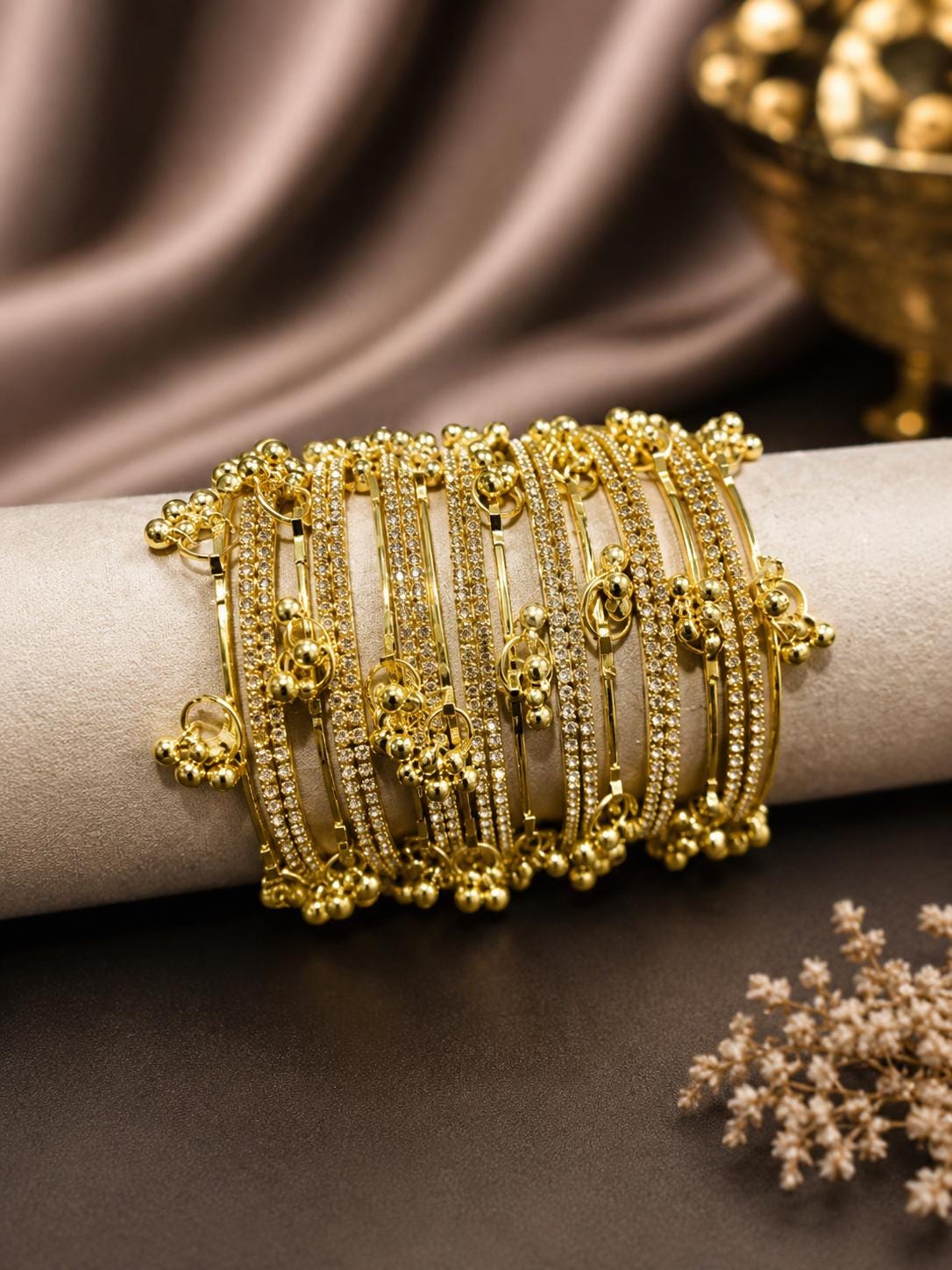 Kashmiri Gold Ghungroo Bangles Set | Rhinestone Crystal Bridal