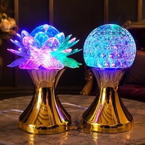 Crystal LED Night Lights Set | Lotus Flower, Globe Lamps, Gold Base (USB)