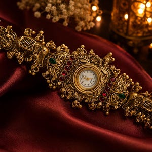 May include: A gold-toned metal watch bracelet featuring intricate elephant motifs and small dangling beads. The central watch face has a white dial with black numerals, surrounded by embedded red and green stones in a decorative filigree setting.
