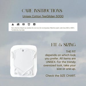 Puede incluir: Camiseta blanca unisex de algod&oacute;n TeeGildan 5000 con instrucciones de cuidado y detalles de tallas. Las instrucciones de cuidado incluyen lej&iacute;a sin cloro, no planchar, no limpiar en seco, lavar a m&aacute;quina en fr&iacute;o (m&aacute;x. 30&deg;C) y secar en secadora a baja temperatura.