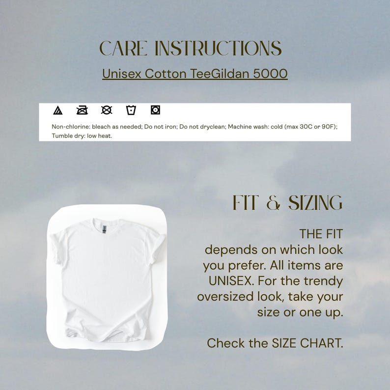 Puede incluir: Camiseta blanca unisex de algod&oacute;n TeeGildan 5000 con instrucciones de cuidado y detalles de tallas. Las instrucciones de cuidado incluyen lej&iacute;a sin cloro, no planchar, no limpiar en seco, lavar a m&aacute;quina en fr&iacute;o (m&aacute;x. 30&deg;C) y secar en secadora a baja temperatura.