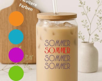 Moderner Glasbecher  mit Bambusdeckel & Strohhalm | Eiskaffee Becher Minimal Design | Sommer Getränkeglas 5 Farbvarianten | Sipper Glass