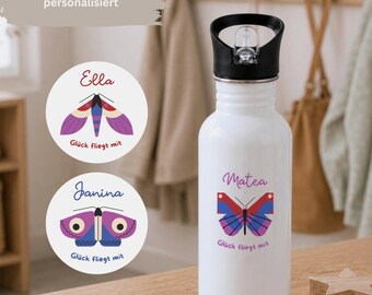 Personalisierte Mädchen Trinkflasche mit Namen & Schmetterling | Edelstahlflasche mit Strohhalm 400, 500 und 600 ml | Geschenk Kita Schule