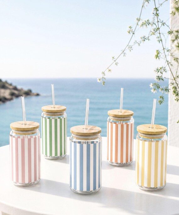 Individuelles Trinkglas mit Bambusdeckel und Strohhalm | Sipper Glass | Trinkbecher gehärtetes Glas | Streifen Minimal Design in 5 Farben |