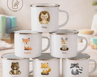 Kinder Emaille Tasse Waldtiere, personalisiert | Edelstahl Trinkbecher weiß | Kids Camper-Tasse | Aquarell Design | Kinder Geschenk