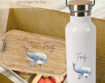 Personlig Lunchset för barn | Brotdose & Trinkflasche | Barnnamn|  Delfin-Design | Dagis-Start Schulanfang | Mädchen Jungen