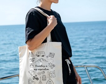 Canvas Tragetasche Doodle Design | Baumwolltasche "Reisen ist meine Inspiration" | Liberty Bag Linien Illustration | Geschenk